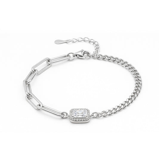 Silver bracelet with a square clasp on a white background